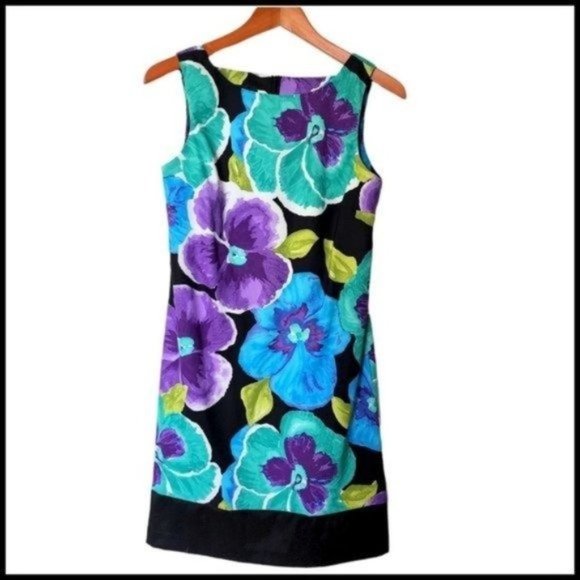 ABStudio Sleeveless Tank‎ Dress Violet Flower Size 6 Floral Black Casual - Picture 1 of 10
